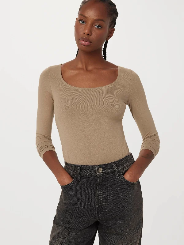 Women's Blouse with Narrow CollarThe U Neck Bodysuit in Taupe