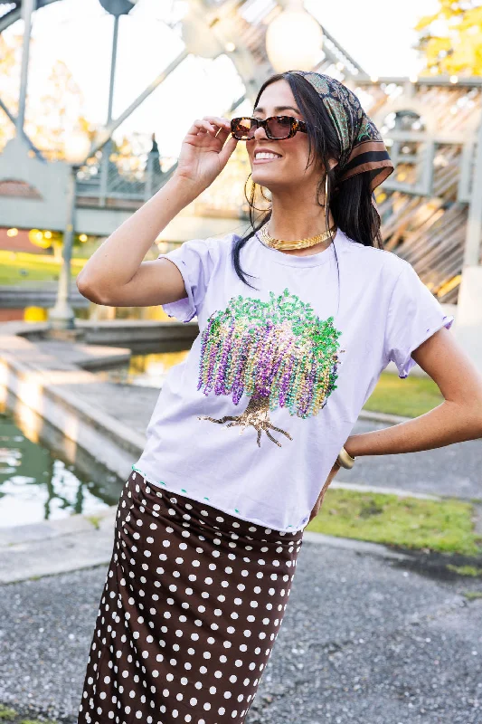 Women's Blouse with FlouncesLavender Frill Edge Beads In Tree Tee