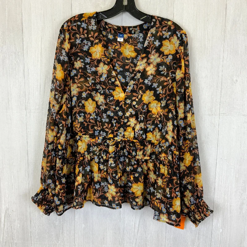 Women's Blouse with Collarless DesignBlouse Long Sleeve By Old Navy In Black Floral, Size: 3x