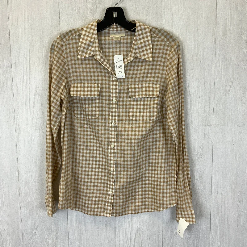 Women's Blouse with SmockingBlouse Long Sleeve By Loft In Brown & Cream, Size: Xs