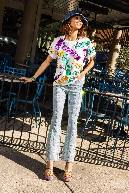 Women's Blouse with V-Shaped CollarWhite Metallic Nola Street Signs Tee