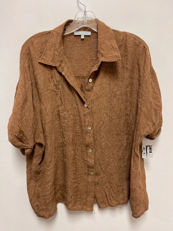 Women's Blouse with Square NeckBlouse Short Sleeve By Fun 2 Fun In Tan, Size: L