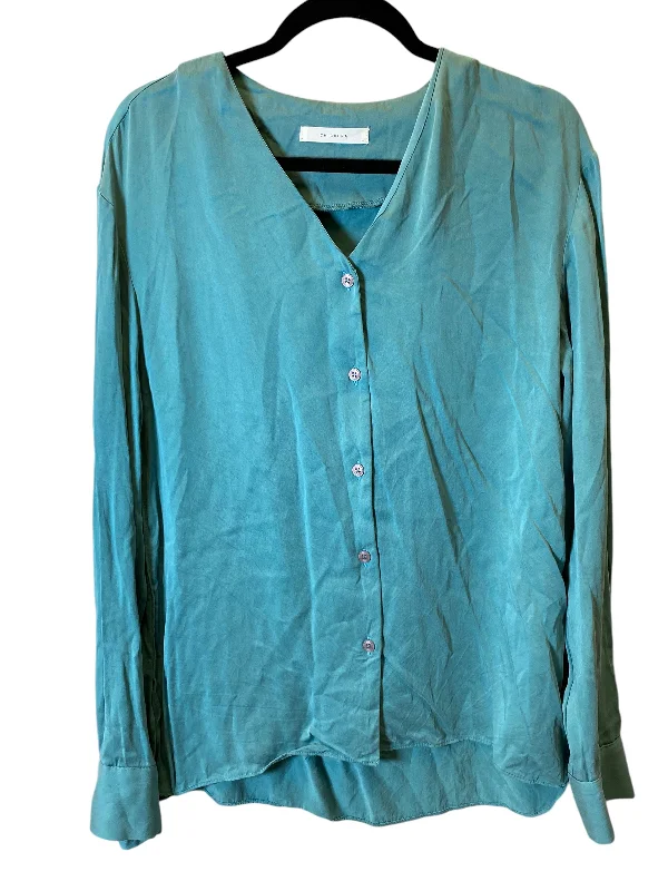 Women's Blouse with U-Shaped CollarBlouse Long Sleeve By Cmc In Teal, Size: M