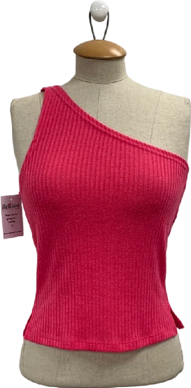 Women's V-Shaped Collar SweatersWhite Fox Pink One Shoulder Ribbed Top UK S