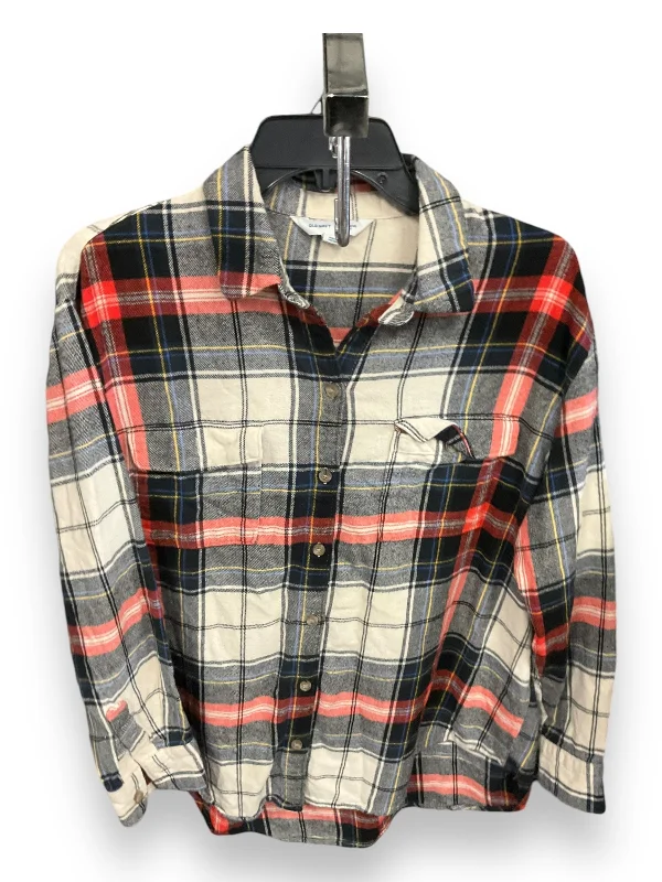 Women's Blouse with Collarless DesignBlouse Long Sleeve By Old Navy In Plaid Pattern, Size: L