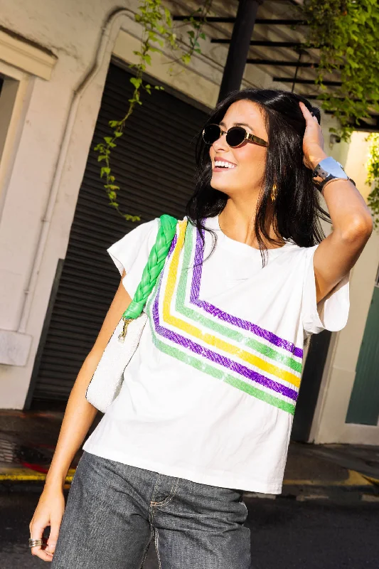 Women's Blouse with Boat NeckWhite Diagonal Mardi Gras Stripe Tee