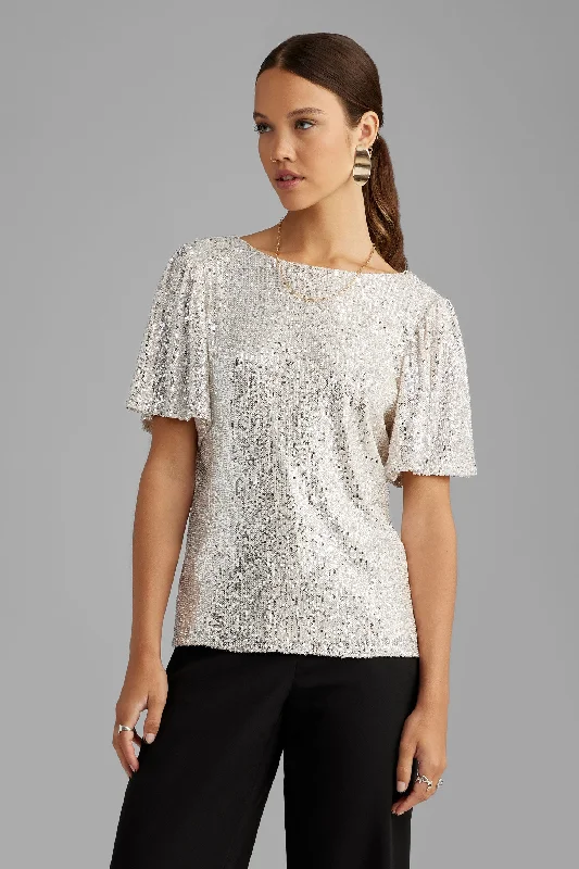 Women's Blouse with Shirt CollarChandail manches volants à paillettes - Femme