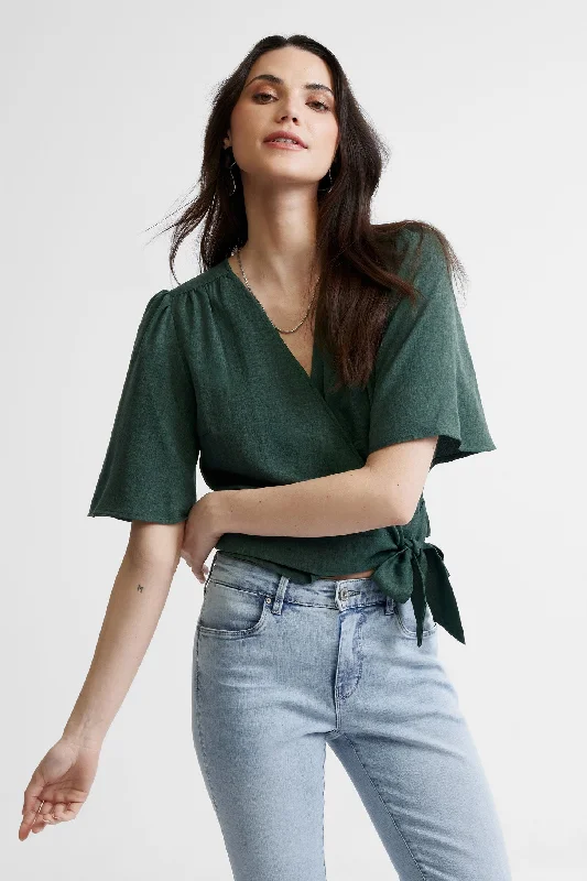 Women's Blouse with Keyhole CollarChandail cache-cœur manches courtes évasées - Femme