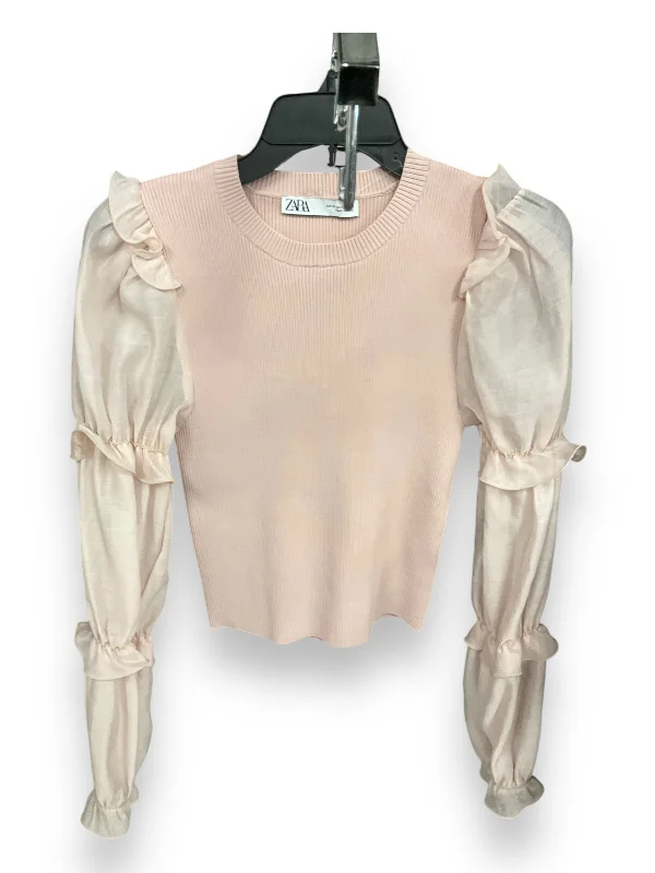 Women's Blouse with V-Shaped HemBlouse Long Sleeve By Zara In Pink, Size: M