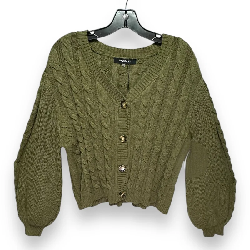 Women's Polish Wool SweatersFern Cropped Cable Knit Cardigan By Sugar Lips In Olive, Size: XS