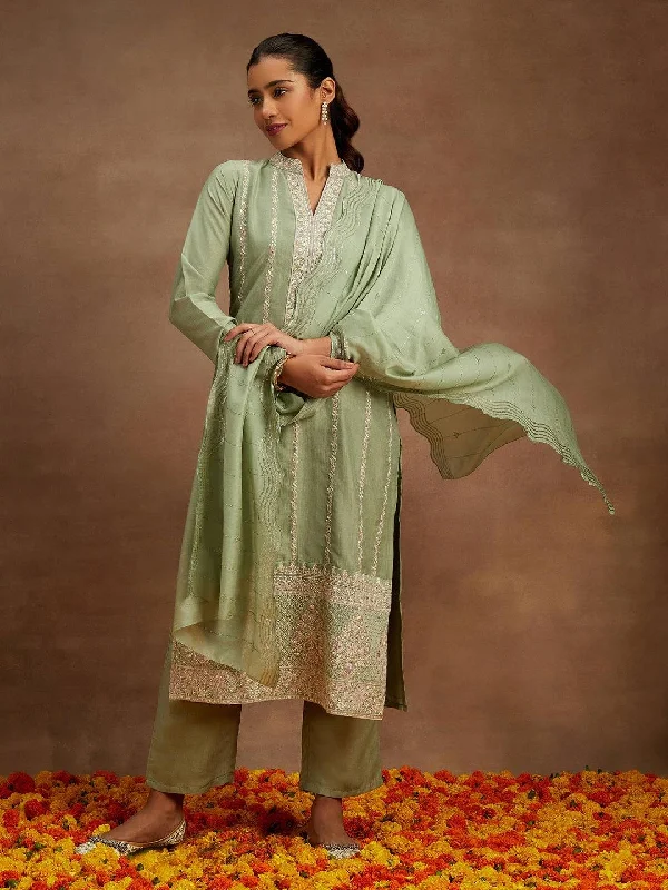 Women's Jumpsuits with Wide LegGreen Embroidered Silk Straight Suit With Dupatta