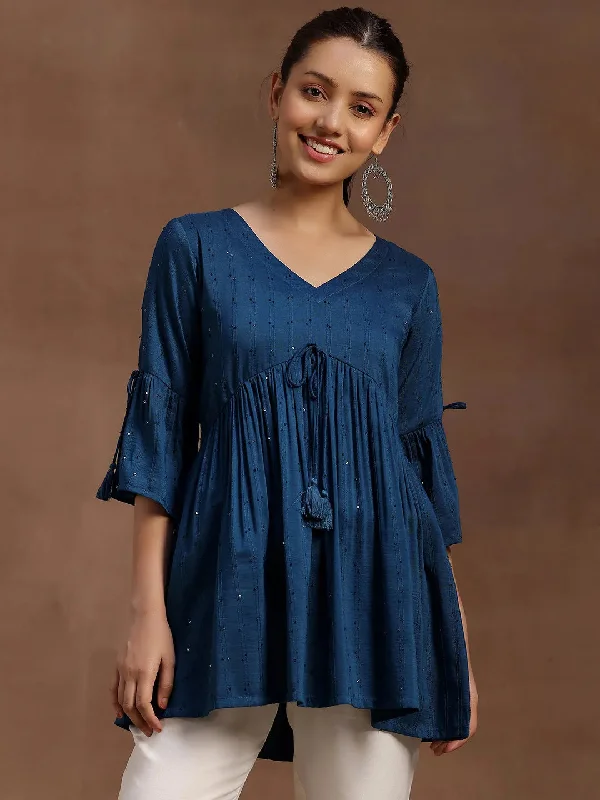 Women's Jumpsuits with Low CollarBlue Embellished Silk Blend A-line Kurti