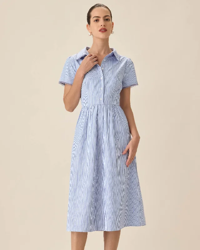 Women's Low Collar DressesBlue Striped Button Midi Dress