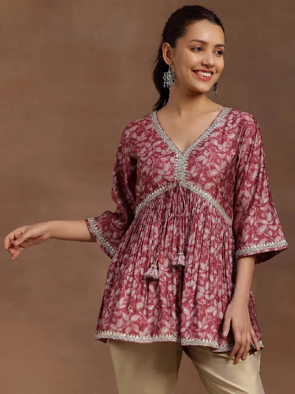 Women's Sleeveless JumpsuitsPink Printed Silk Blend A-line Kurti