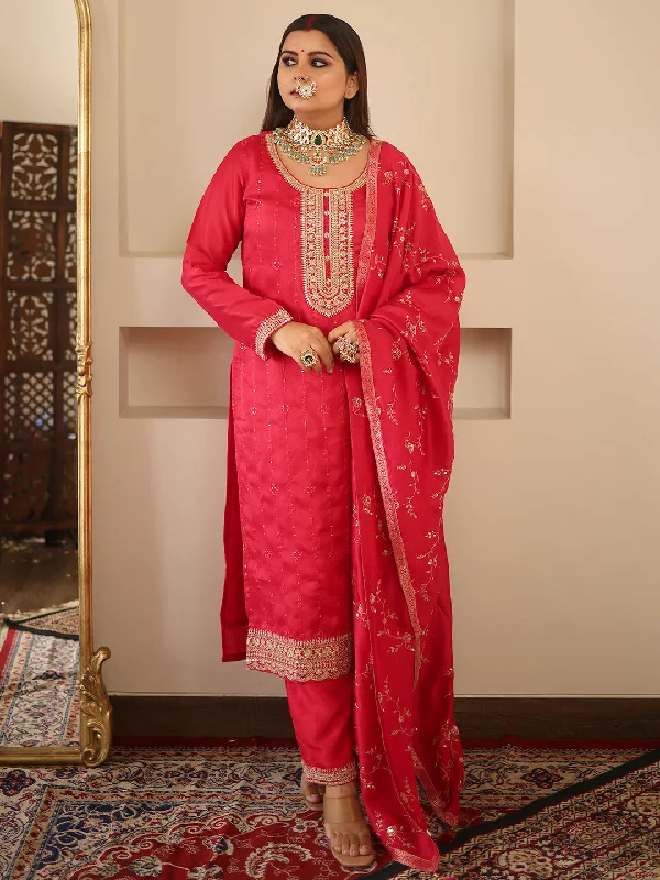 Women's Jumpsuits with Rounded CollarPink Embroidered Silk Blend Straight Kurta With Trousers & Dupatta