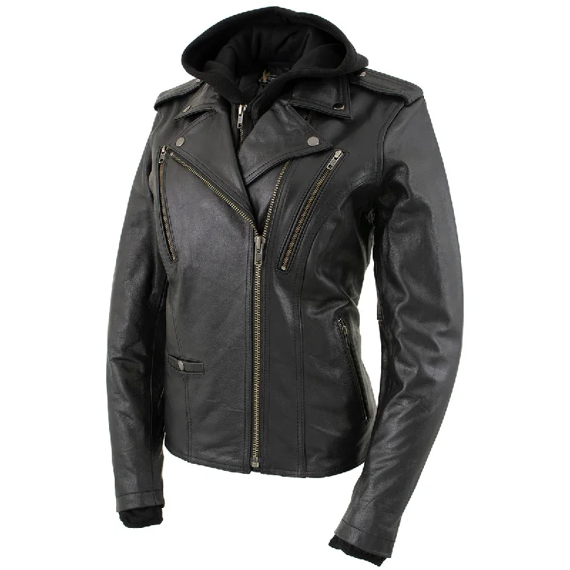 Women's Hooded Sweatshirts with Microfiber LiningXelement XS2516 Women's Black ‘Madame’ Hooded and Vented Motorcycle Biker  Leather Jacket