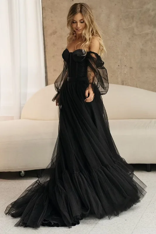 Women's Pleated DressesPromise of Love Black Long Sleeve Tulle Maxi Dress