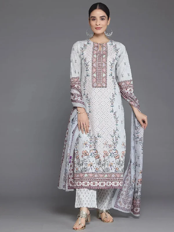 Women's Jumpsuits with U-Shaped CollarGrey Printed Poly Crepe Straight Suit With Dupatta