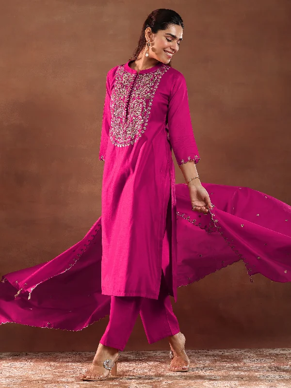 Women's Jumpsuits with Collarless DesignPink Yoke Design Chanderi Silk Straight Suit With Dupatta