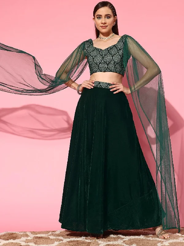 Women's Jumpsuits with V-Shaped CollarGreen Embroidered Velvet Lehenga Set