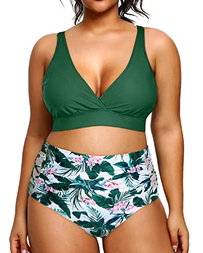 2 Piece Plus Size Bikini Set High Waisted Swimsuits Tummy Control Swimwear-Green Floral