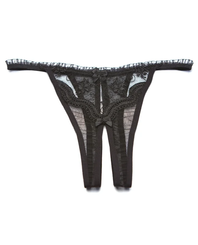 stretch lace panties with a sheer overlay for a seductive appealShirley of Hollywood Scalloped Embroidery Crotchless Panty Black