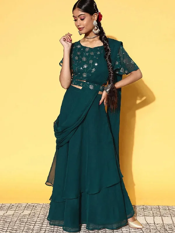 Women's Jumpsuits with Notched CollarGreen Embroidered Georgette Lehenga Set