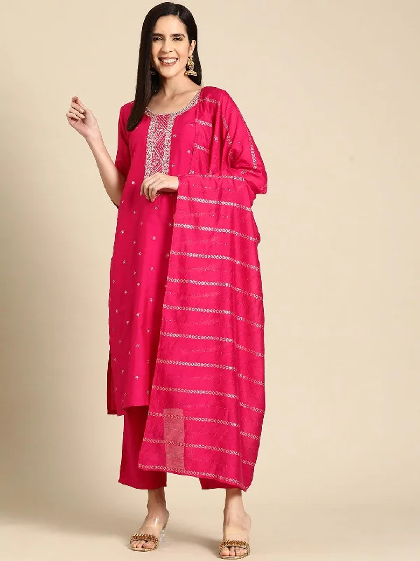 Women's Jumpsuits with Collarless NeckPink Yoke Design Silk Blend Straight Suit With Dupatta