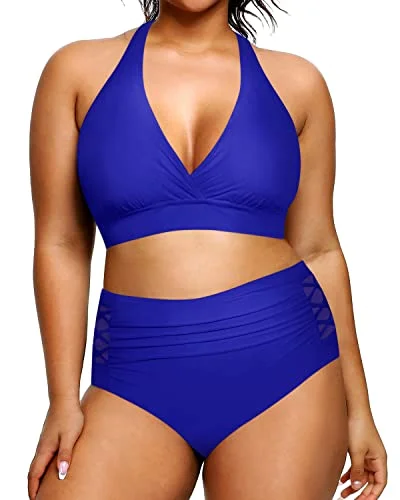 V Neck Two Piece Plus Size Halter Bikini Swimsuits Push Up Pads-Royal Blue