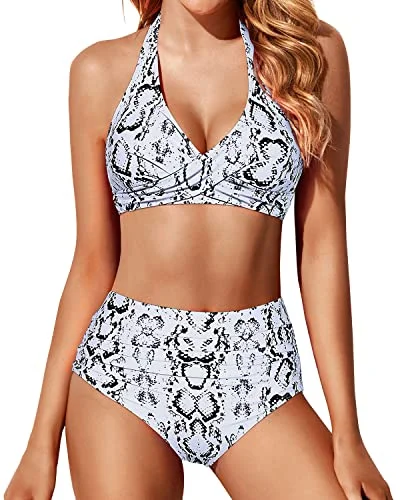 Halter Top Swimsuit With Ruched Tummy Control High Waisted Bikini Set-Snake Print