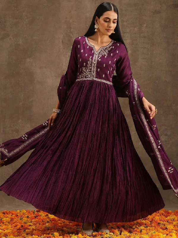 Women's Jumpsuits with SleevesPurple Embroidered Silk Blend Anarkali Kurta With Trousers & Dupatta