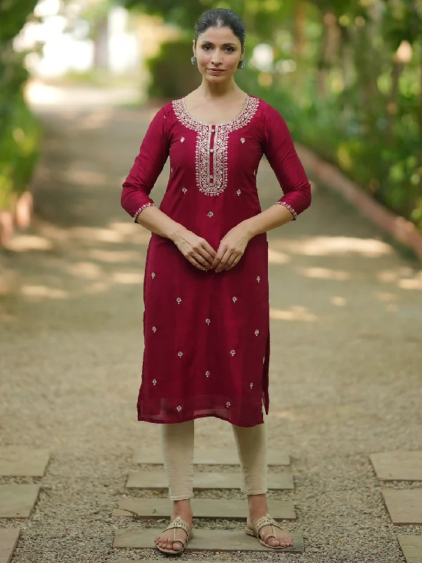 Women's Jumpsuits with Peter Pan CollarMaroon Embroidered Silk Straight Kurta