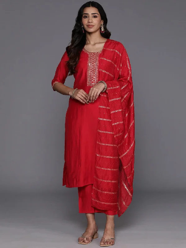 Women's Jumpsuits with U-Shaped CollarRed Yoke Design Silk Blend Straight Suit With Dupatta