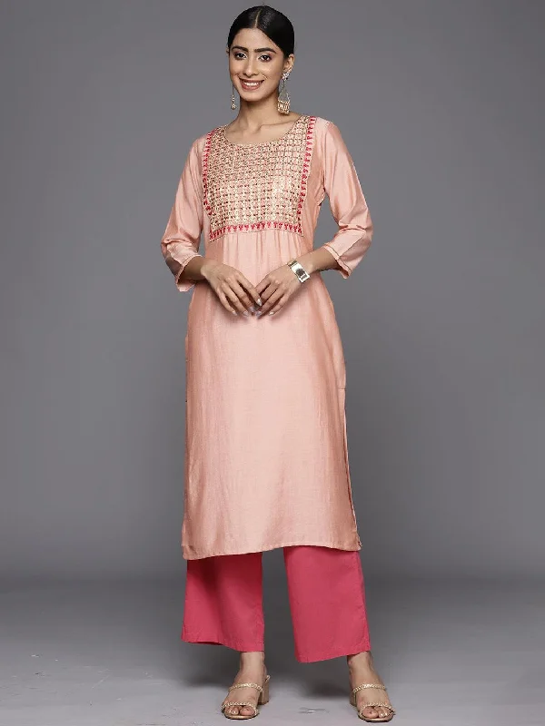 Women's Jumpsuits with U-Shaped CollarPeach Embroidered Silk Straight Kurta