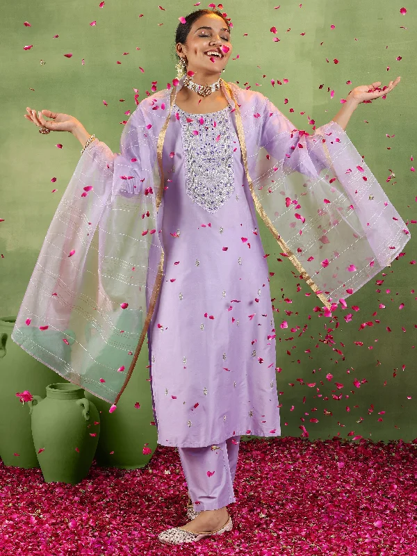 Women's Jumpsuits with Long LengthLavender Embroidered Silk Blend Straight Suit With Dupatta