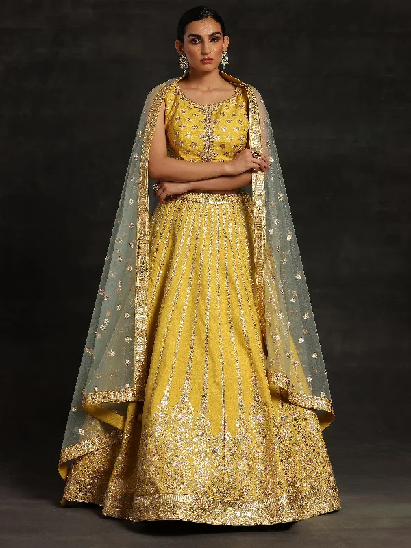 Women's Jumpsuits with Straight LegLibas Art Yellow Embroidered Silk Blend Lehenga Set