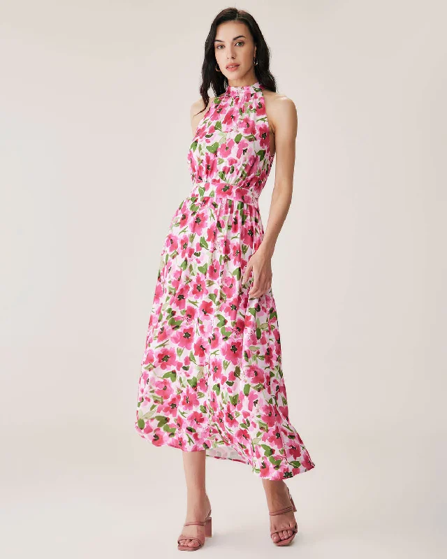 Women's Sweetheart Collar DressesPink Floral Midi Dress