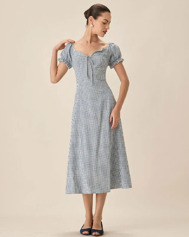 Women's Shawl Collar DressesBlue Plaid Sweetheart Neck Midi Dress