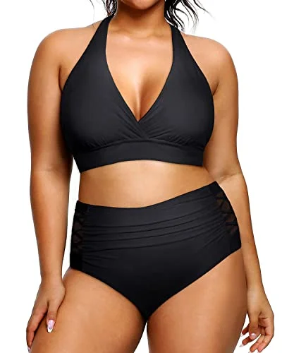 Women's Swimming Two Piece Plus Size Halter Bikini Swimsuit-Black