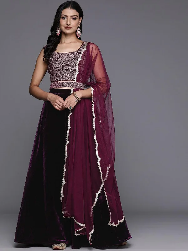 Women's Jumpsuits with Straight LegWine Embroidered Velvet Lehenga Set