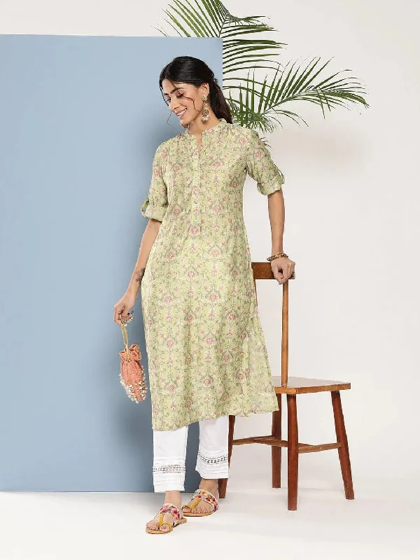 Women's Jumpsuits with Rounded CollarGreen Printed Silk Straight Kurta