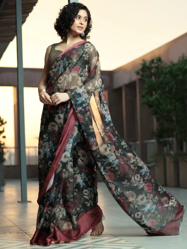 Women's Jumpsuits with HoodBlack Printed Poly Chiffon Saree With Unstitched Blouse Piece