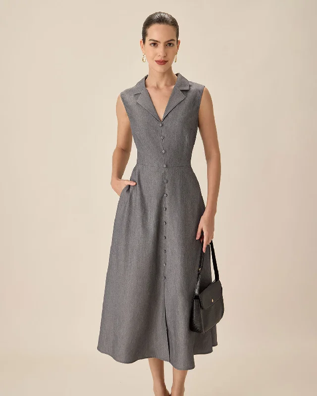 Women's Narrow Collar DressesGrey V-Neck Button Midi Dress