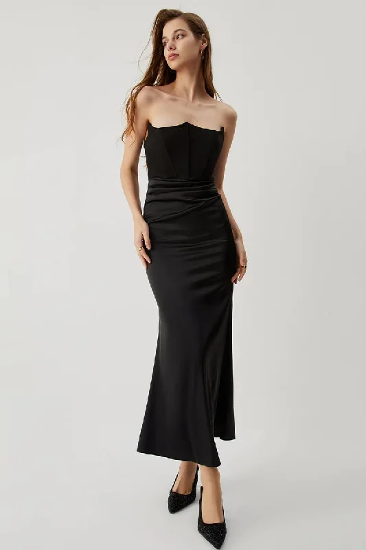 Women's Wide-Neck DressesReeta Black Strapless Corset Maxi Dress