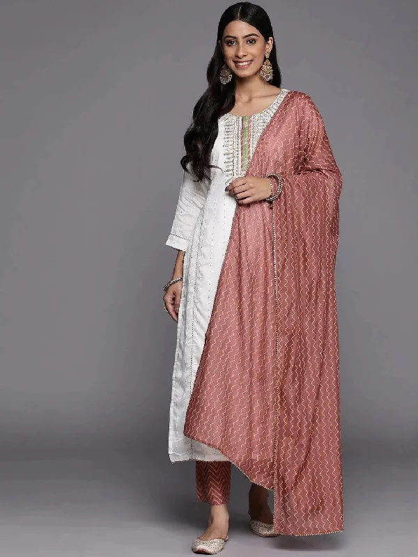 Women's Jumpsuits with Shawl CollarCream Embroidered Chanderi Silk Straight Kurta With Trousers & Dupatta