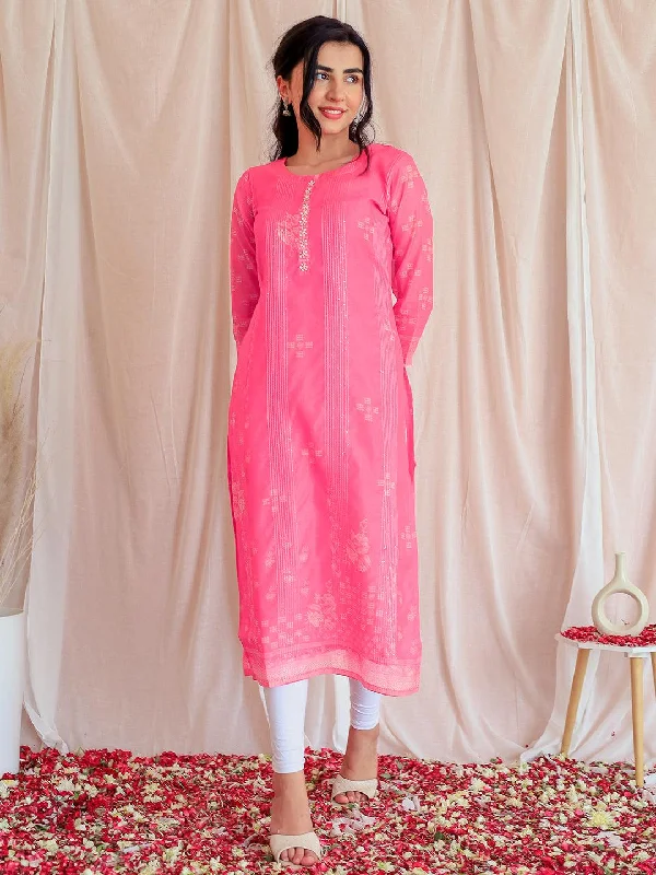 Women's Jumpsuits with ZipperPink Printed Chanderi Silk Straight Kurta