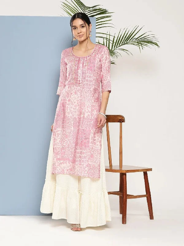 Women's Jumpsuits with Boat NeckPink Printed Silk Straight Kurta