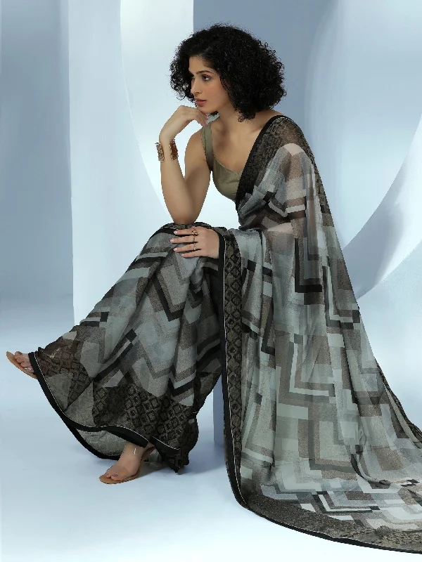 Women's Jumpsuits with Low CollarGrey Printed Poly Chiffon Saree With Unstitched Blouse Piece