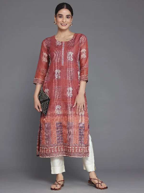 Women's Jumpsuits with Notched CollarRust Printed Chanderi Silk Straight Kurta