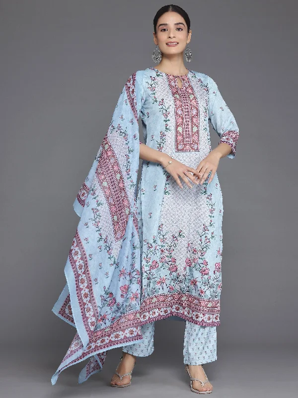 Women's Jumpsuits with Boat CollarBlue Printed Poly Crepe Straight Suit With Dupatta